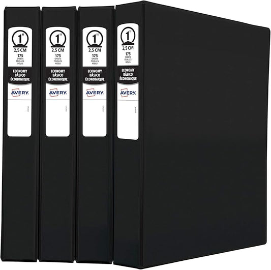 Avery Economy 3 Ring Binders, 1" Round Rings, 4 Black Binders (03301)