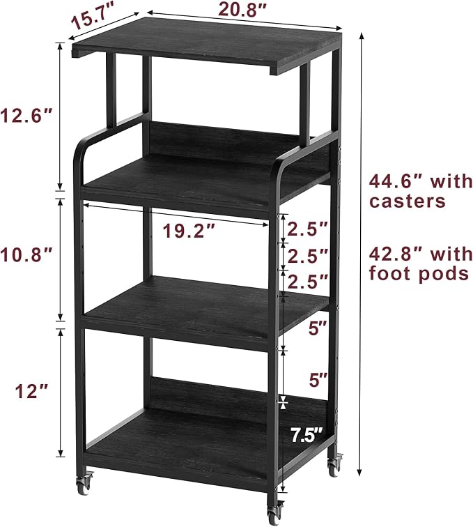 4 Tier Printer Stand with Wheels, Extra Large Tall Printer Table for Home Office, Printer and Shredder Stand with Storage Shelf (Black)