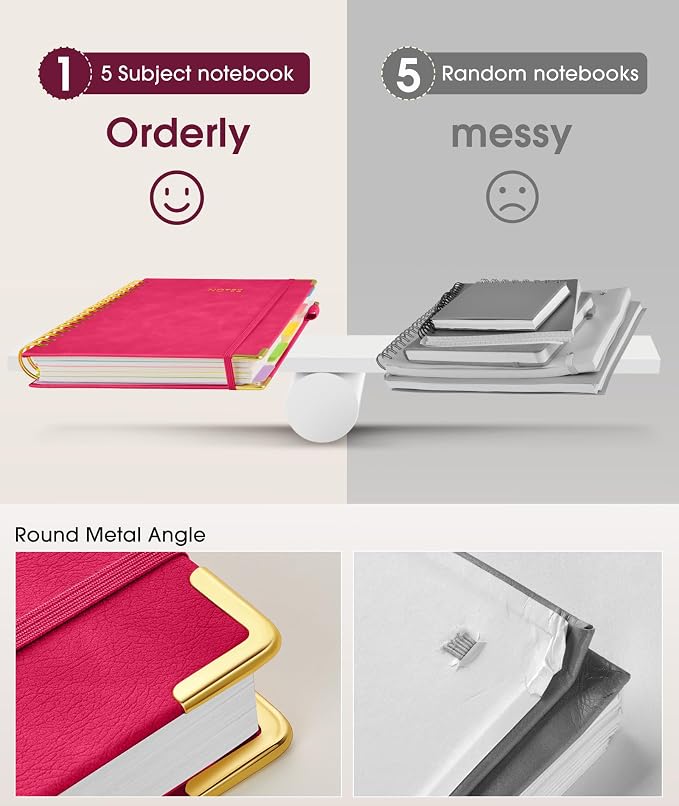 Hardcover Spiral Notebook journal with Removable Dividers Tabs, 300 Pages Leather 5 Subject Notebook College Ruled, 100GMS A5 Notebooks for Work School Note taking,Lined Journal for Women,A5-Rose