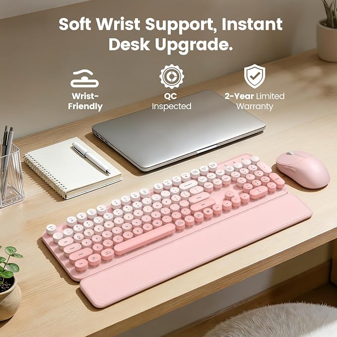 Wireless Keyboard and Mouse Combo, Magnetic Soft-Touch Wrist Rest, Pink | Round Keycaps, Full-Size Typewriter Style, 2.4GHz Cordless for MacOS, Windows PC, Laptop, Blush Pink Ombre, SABLUTE CK23 Plus