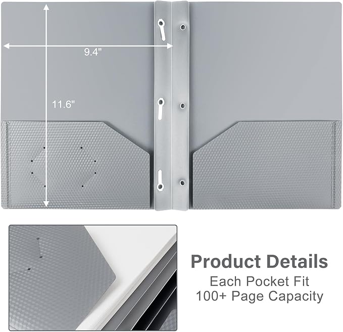 12-Pack Plastic Folders with Pockets and Prongs,2-Pocket Folders with 3 Fasteners, Poly Folders Holds 8-1/2" x 11" Paper for School/Office/Home, Assorted