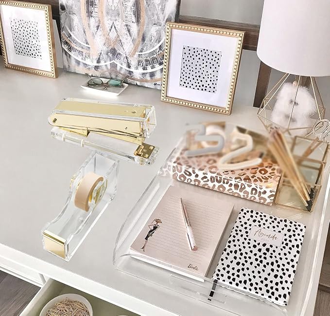 Acrylic Gold Tape Dispenser & Desktop Stapler, Includes Staple Remover, Tape, 1000pcs Staples - Cute Office Stapler Set for Modern Design Desk Accessory Kit
