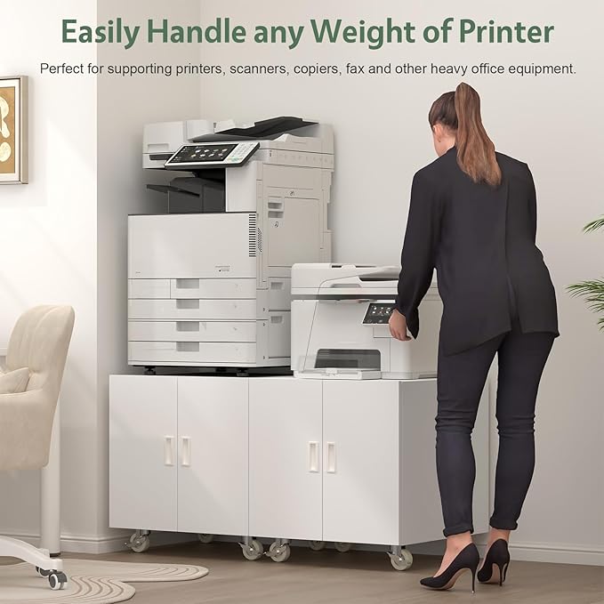 Metal Office Printer Stand, Rolling File Cabinet for Printers, Heavy-Duty Printer Stand with Adjustable Shelf, 3D Printer Table for Copier, Fax, Large File Stands for Office, Workplace, White