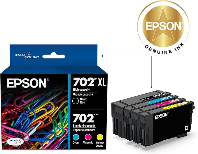 EPSON 702 DURABrite Ultra Ink High Capacity Black & Standard Color Cartridge Combo Pack (T702XL-BCS) Works with WorkForce Pro WF-3720, 3730, 3733