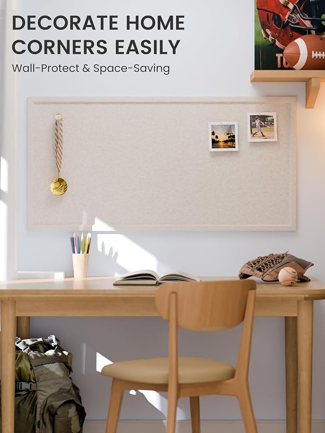 Fluxynara 47.2" x 23.6" Felt Frame Bulletin Board, Oatmeal | Cork Board Alternative with 36 Removable Adhesive Tabs, Foldable Pin Board for Wall, Home, Office, Classroom & Dorm