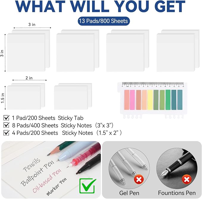 800 Sheets Transparent Sticky Notes with Index Tab, Waterproof & Crystal Clear Sticky Notes Sets, See-Through PET Sticky Note, 5X The Sticking Power Translucent Sticky Note Pad,13 Packs