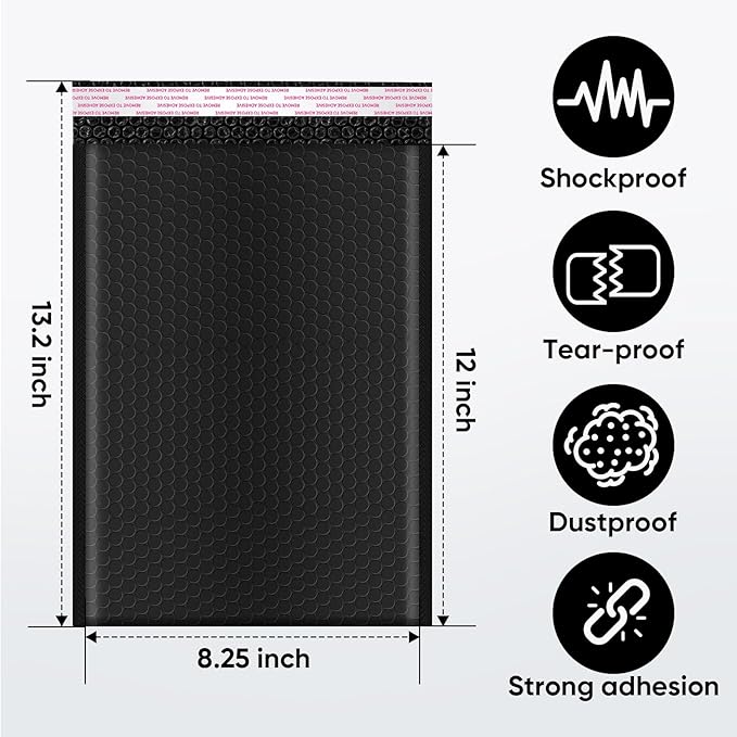 CHMI Black Bubble Mailers 8.5 x 12 Inch 100 Pack, Usable Size 8.25X12 Inch Poly Mailers,Mailing Envelopes,Shipping Mailer，Opaque Self Seal Adhesive Waterproof Bags for Packaging and Shipping.