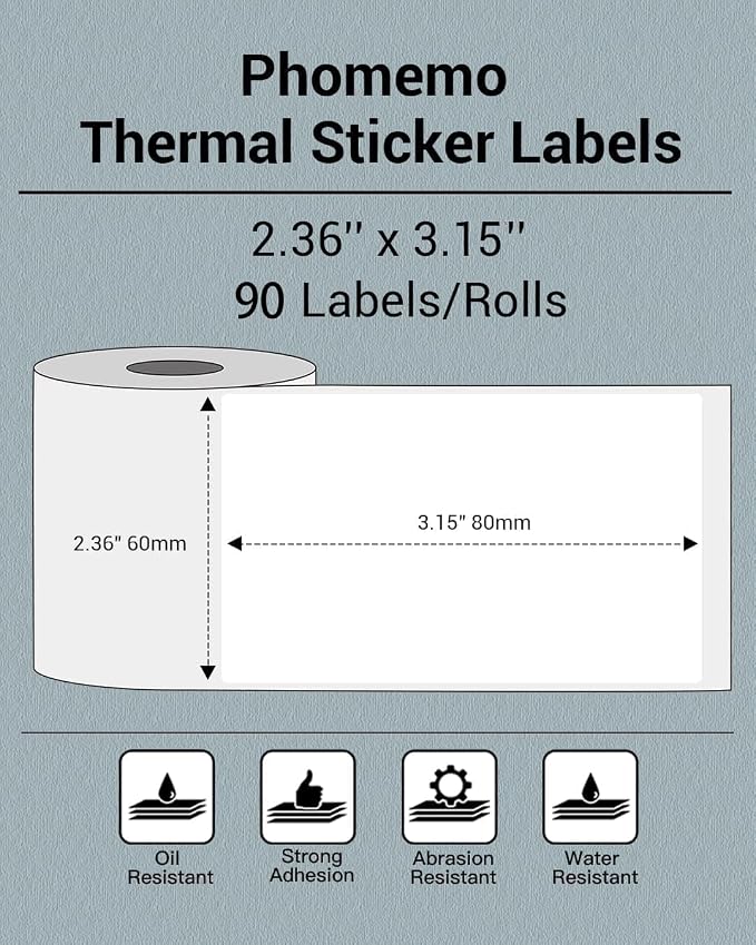 Phomemo M220 Labels 3 Rolls,2.36"x 3.14", for M220/M250/M221/M260, 270 PCS | Square 60x80mm Waterproof Thermal Sticker, Use for Barcode, Listing, Business, Home,Organization, Office, Warehouse, White