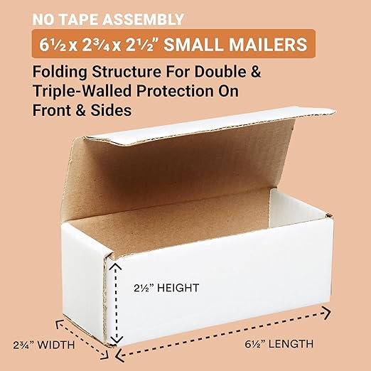 Aviditi White Corrugated Cardboard Mailing Boxes, 6 1/2" x 2 3/4" x 2 1/2" (Pack of 50) Crush-Proof Mailers, Small Cardboard Boxes for Shipping, Packing, Moving, and Storage