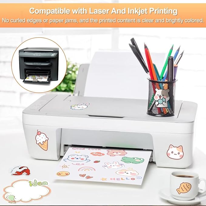 Printable Sticker Paper for Inkjet Printer, 150 Sheets 8.5" x11'' Matte Sticker Printer Paper Full Sheet Labels for Laser/Inkjet Printers, Letter Size
