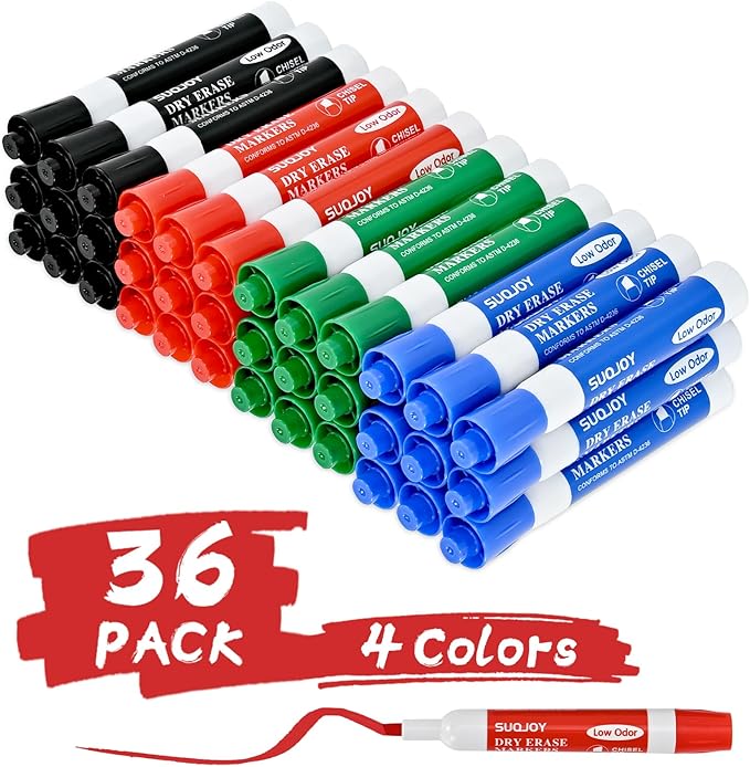 Dry Erase Markers, Chisel Tip Whiteboard Marker, Low Odor Thick Dry Markers, 36 Bulk 4 Assorted Color Markers for office