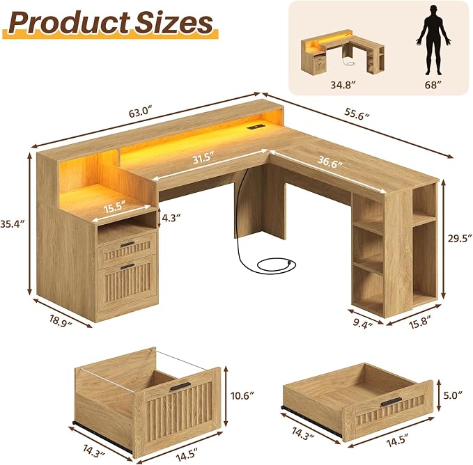 63" Fluted L Shaped Desk with Drawers & Storage Shelves for Home Office | Corner Desk with Power Outlets & LED Lights, L-Shaped Office Desks with File Drawer, Printer Shelf, Monitor Stand, Oak