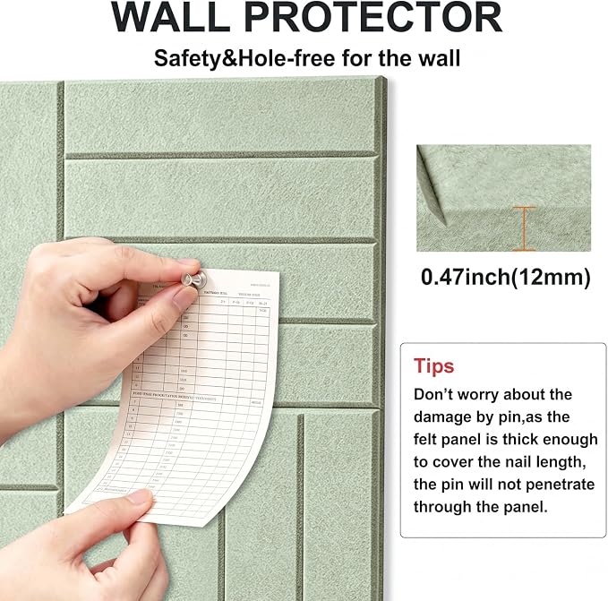 0.47" Thick Felt Wall Tiles 48"x36" Cork Board Alternative 12 Pack 11.81"x11.81"Felt Bulletin Board Pin Board with Removable Adhesive Tape&60 Pushpins for Home Office School(Bold-Sage)