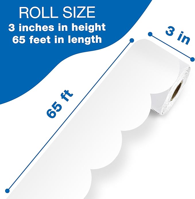 Carson Dellosa 65Ft of White Bulletin Board Borders, 1 Roll of Scalloped Paper Trim for Whiteboard, Cork and Posterboard, Party, Office Decorations, and Classroom Decor