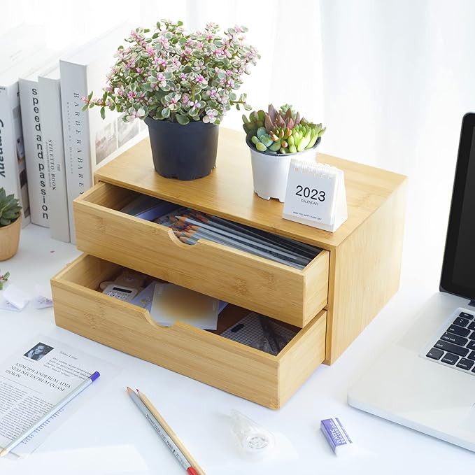 Bamboo Desk Organizer With Drawers Countertop Drawers Counter Storage Box Corner Desk Organizer for Home Office No Assembly Required (2 Drawers)