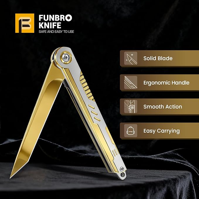Cool Pocket Knife Gifts for Men, EDC Tanto Blade Folding Knives with Clip, Flipper Open Survival Knife with Window Breaker and Liner Lock for Outdoor Camping (Gold)
