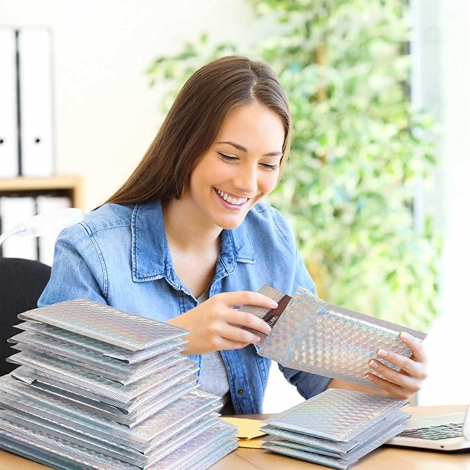 Henoyso 100 Pcs Bubble Mailer 4 Sizes Self Adhesive Waterproof Padded Envelopes Cushioning Seal Bubble Shipping Envelopes for Mailing Packaging Small Business Packing Supplies (Laser)