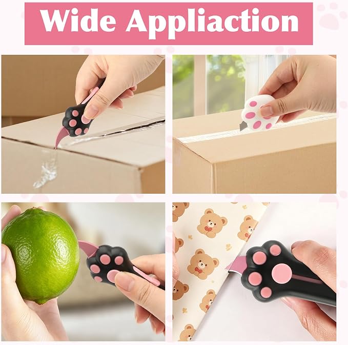 2 Pack Cat Paw Box Cutter, Portable Retractable Kitty Claw Box Cutter, Mini Utility Knife for Cats Lovers, Cute Cat Claw Knife for Effortlessly Opening Boxes, Cartons, Packages & Sealing Tape