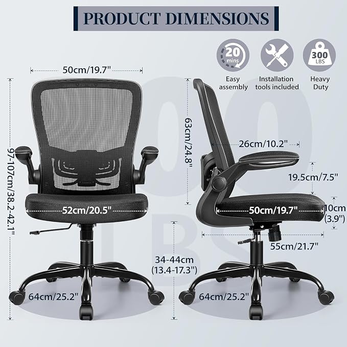 FelixKing Office Chair, Ergonomic Comfy Desk Chair with Flip-up Armrests | Adjustable Height, 360°Swivel, Flexible Tilt, Breathable Cushion and Fabric, Lumbar Support for Home Office, 2 PCS