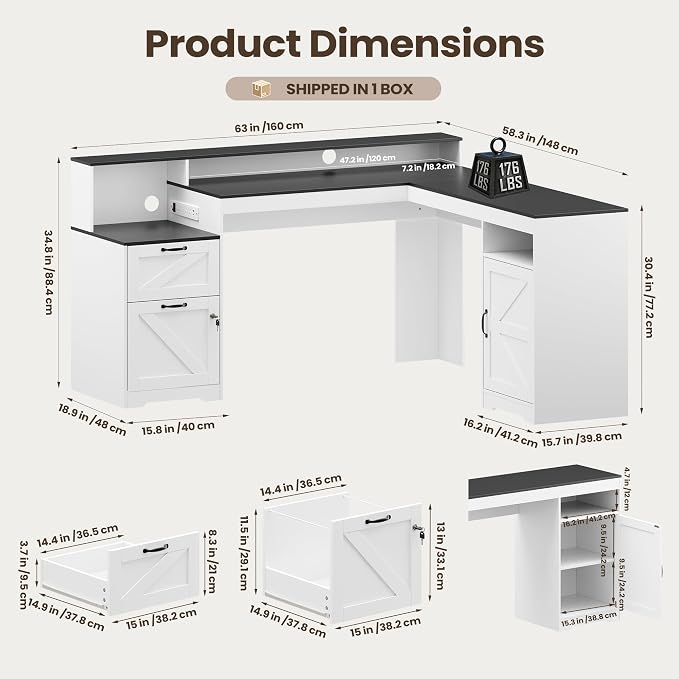 MALOL 63" Farmhouse L Shaped Executive Desk, Corner Computer Desk with Drawers & Storage Shelf, Home Office Desk with Power Outlet, Monitor Stand, Wood Grain Desktop, White & Black