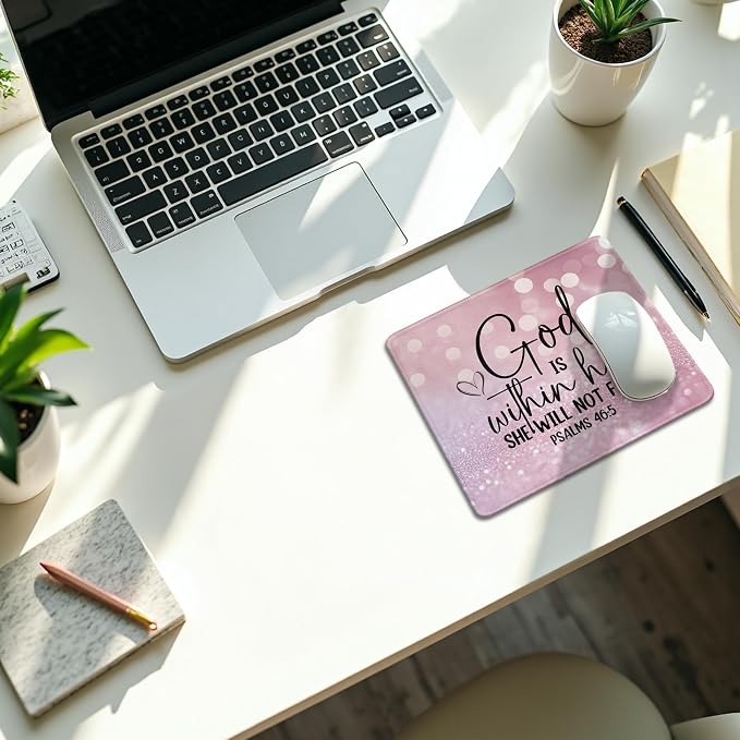 Pink Glitter Christian Mouse Pad, God is Within Her She Will Not Fall Psalm 46:5 Bible Verse Mouse Pads Mousepad for Home Office Dorm Computers Laptop Supplies Desk Accessories, 9.5x7.9 Inch