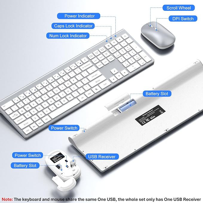 Wireless Keyboard and Mouse Combo, Ultra Slim Full Size Silent Keyboard | Scissor switch keys, quiet typing and clicking, 3 DPI adjustable mouse, 2.4GHz USB, for Computer,Windows, Mac, Laptop, PC