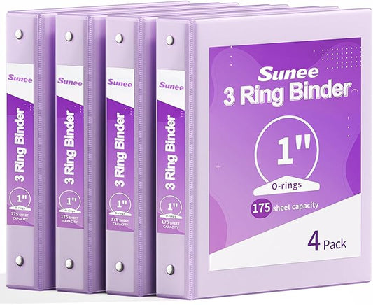 SUNEE 3 Ring Binder 1 Inch 4 Pack, Clear View 1" Binders Three Ring PVC-Free (Fit 8.5x11 Inches) for School or Office Supplies, Purple