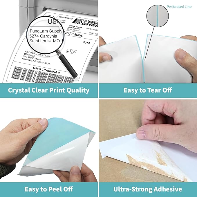 FungLam 2 Rolls 4x6 Direct Thermal Printer Labels 500 Shipping Labels Compatible with Zebra, Rollo Label Printer, Peforated Postage Thermal Labels, Permanent Adhesive, 250 Labels/Roll