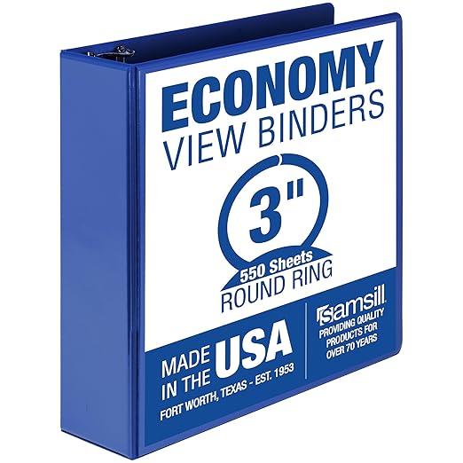 Samsill 3 Inch 3 Ring Binder, Economy Round Ring, Clear View Cover, 550 Sheet Capacity - for School, Home, Office -Dark Blue
