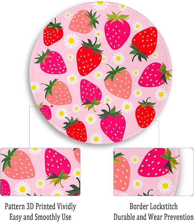 Gctriki Strawberry Mouse Pad, with Stitched Edge Non-Slip Rubber Base, Small Round Comfortable Computer Mousepad for Laptop Gaming Work, Pink Office Desk Accessories - Valentine's Day Gift for Her