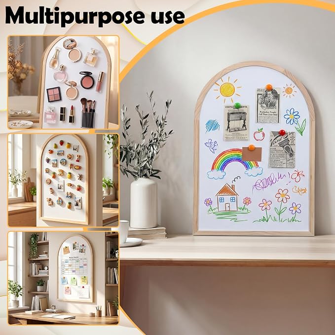 Dry Erase Board, 36" x 24" Magnetic Erasable Whiteboard, Arched Large Semi-Circular Whiteboard, Gold Rustic Wood Frame, Bohemian Style Design for Home, Classroom, Office, School