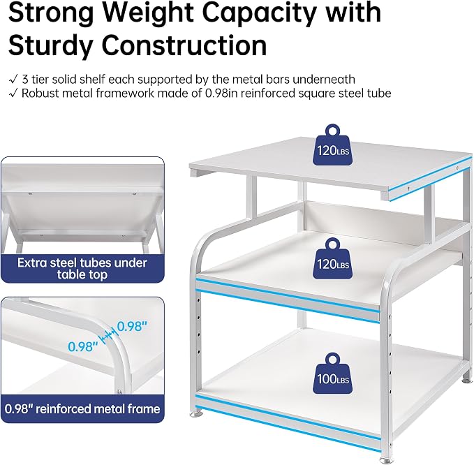 Fannova 25.6"x23.6"x30.9" Extra Large White Printer Stand with Storage | Height Adjustable Middle Shelf, Heavy Duty 3D Printer Table with Industrial Wheels, 3 Tier Printer Cart for Home Office