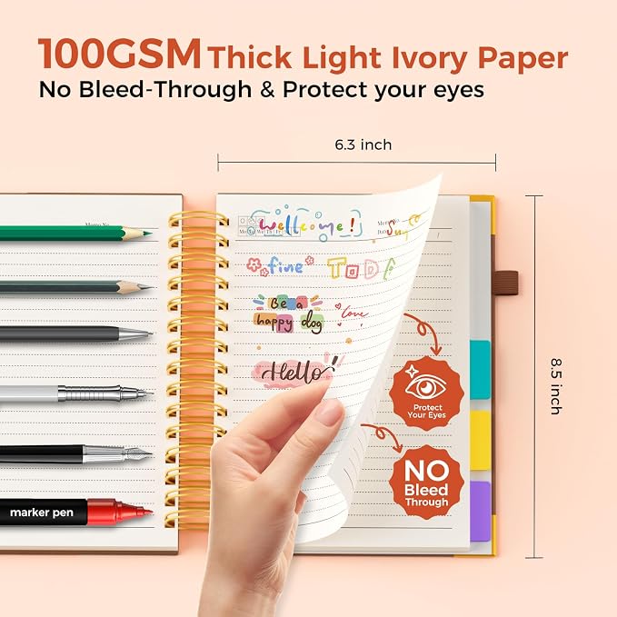 XYark A5 Hardcover Spiral Notebook, 6.3"x8.5" College Ruled Notebooks with Removable Dividers Tabs & Ruler, 5 Subject Notebook 300 Pages, Small Lined Journal for Women Men School Work Office, Brown