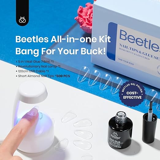 Beetles Gel Nail Kit Almond-500Pcs Gel Nails Tip Easy Extension Set Short Almond Shape 9 In 1 Nail Glue Extension Set Uv Led Lamp Acrylic False Tips Kit DIY Nails Art Gifts for Women