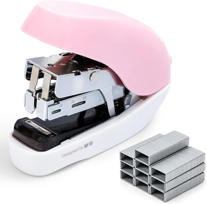 M&G Mini Stapler with Staples, Small Pink Effortless Stapler Set, 20 Sheet Capacity, One Finger, 1000 Standard Staples, Office staplers for Desk, Easy to Load