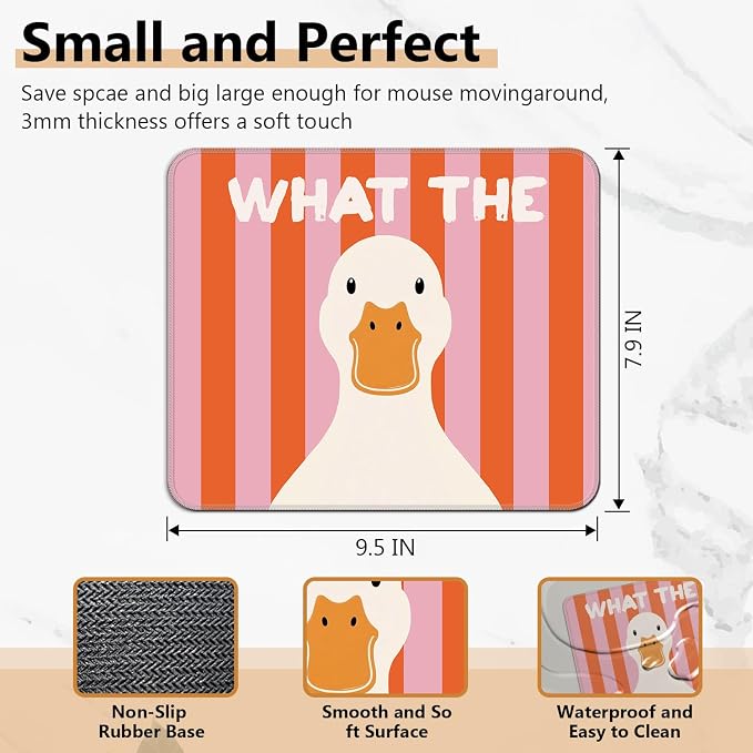Funny Duck Mouse Pad, Duck Lover Gifts, Pink and Red Striped Farm Animal Square Mousepad Mouse Mat with Anti-Slip Rubber Base for Computer Laptop Home Office Desk, 9.5x7.9 in