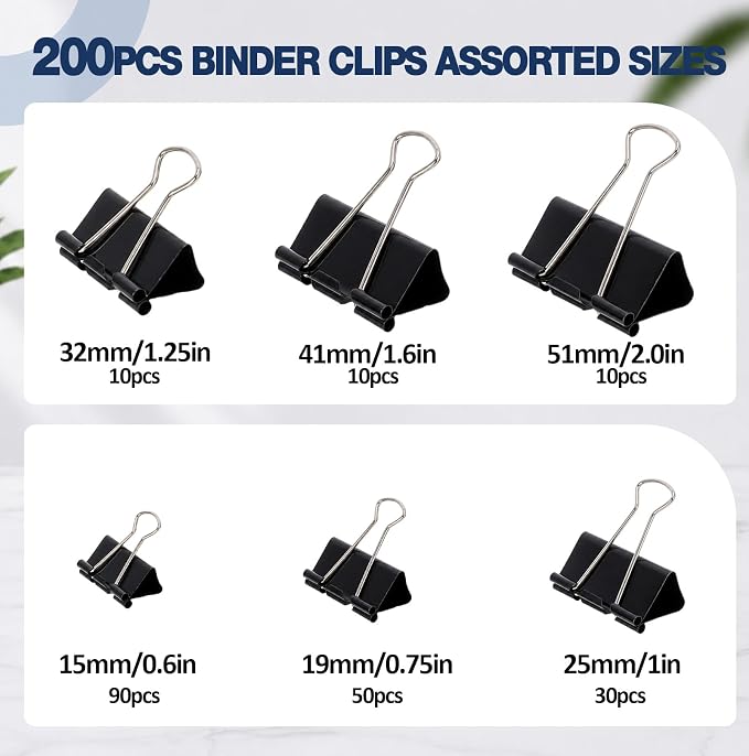 Jetec 200 Pcs Black Mixed Sizes Binder Clip Paper Clamp Metal Paper Clip | for Teachers Students Classroom Business Office and School Office Supplies
