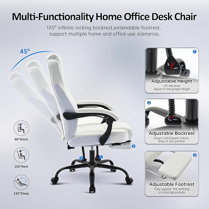 Office Chair, Big and Tall Office Chair with Foot Rest Ergonomic Chair Home Office Desk Chairs Reclining High Back Leather Chair with Lumbar Support(White)