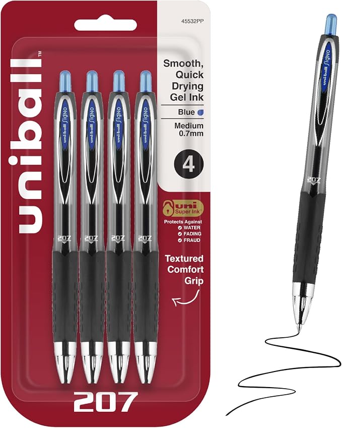 uniball™ 207 Gel Pens, Blue Ink, 0.7mm Medium Point, Retractable, 4 Count | Smooth Writing, Fraud-Resistant, uni Super Ink™