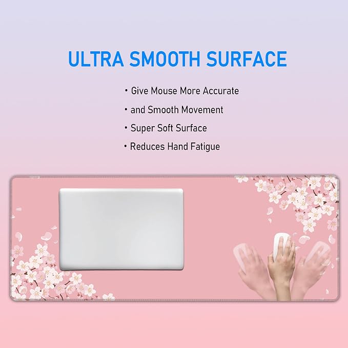 Pastel Pink Cherry Blossom Desk Mat,Large Gaming Mouse Pad,31.5x12in | Sakura Flowers Petal Aesthetic Extended Mousepad,XL Stitched Edges Keyboard Mat Elegant Desk Decor for Women,80x30 cm