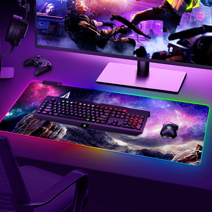 RGB Gaming Mouse Pad, Large Extended Soft Led Mouse Pad with 14 Lighting Modes 2 Brightness, Water Resist Keyboard Pad, Computer Mousepads Mat 35.4x15.7inch, Starry Mountains