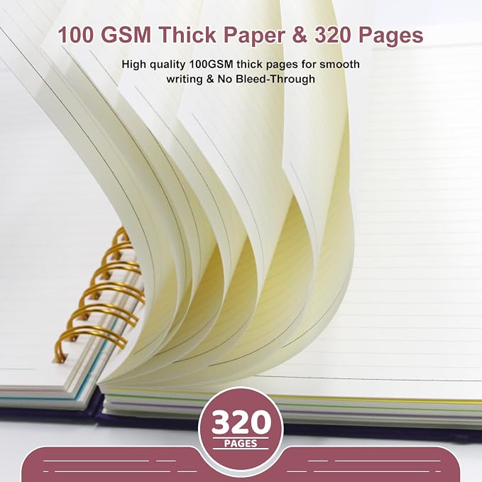 Hardcover Spiral Notebook Journal with Removable Dividers Tabs | 320 Pages, 5 Subject Notebooks College Ruled, 8"x10" Large B5 Leather for Work & School, Lined Journal for Women