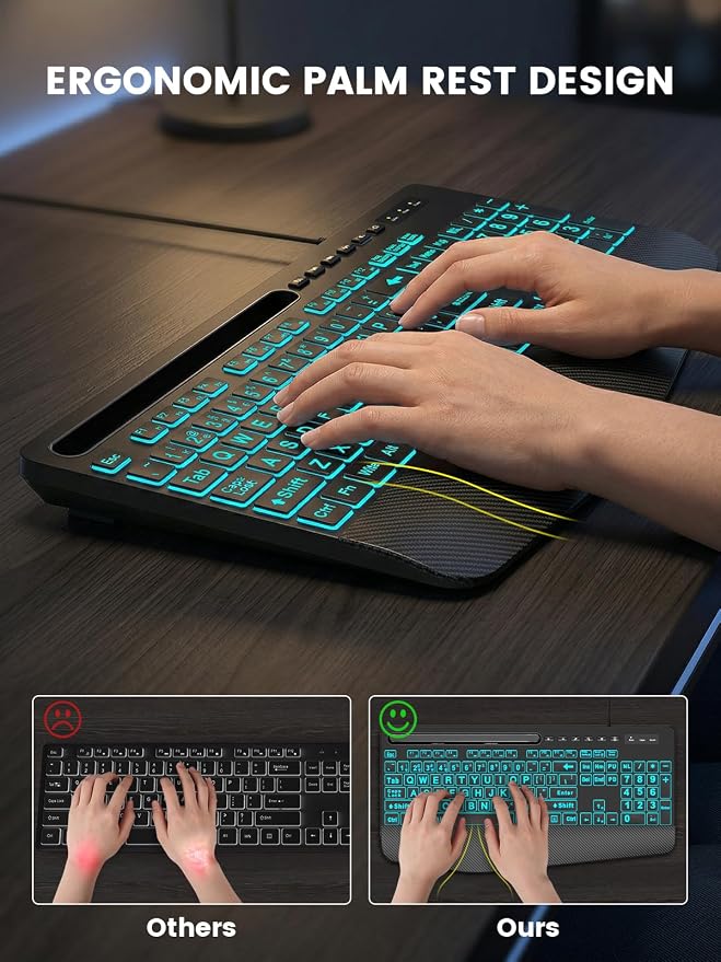 SABLUTE Large Print Wired Keyboard, Ergo Wrist Rest, 7 Colors Backlight | K21 Pro Computer Keyboards with Phone Holder, Oversized Letter keys Easy to See and Type for Laptop, PC, Windows, Black