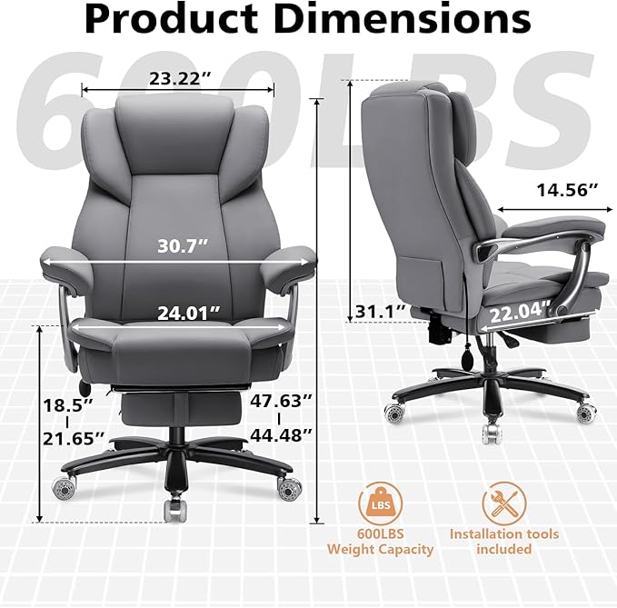 600lbs Big and Tall Office Chair for Heavy People,Heavy Duty Comfy Executive Office Desk Chair with Adjustable Lumbar Support,High Back Reclining PU Leather Computer Chair (Classic, Grey)