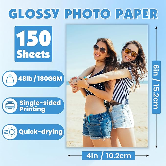 150 Sheets Glossy Photo Paper, 4in x 6in Inkjet Photo Printer Paper, Picture Paper for Photos, Calendars, Brochures, Cards, Menus(180gsm / 48lb)