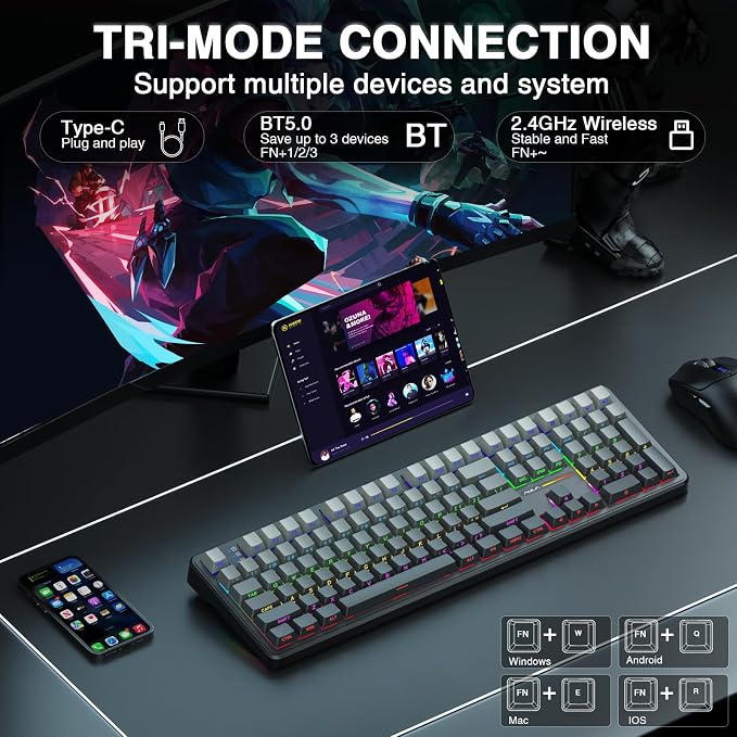 AULA F108 Wireless Mechanical Keyboard, Full Size Gaming Keyboard with Number Pad, Side Printed PBT Keycaps, Pre-lubed Switches, RGB Backlit, Hot Swappable Creamy Sounding Computer Keyboards, 108 keys