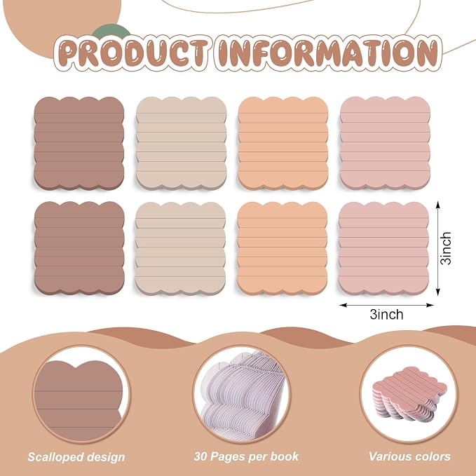 Eaasty 8 Pack Scalloped Sticky Notes Lined 3" X 3" Brown Memo Pads | Aesthetic Cute Wavy Edges, Self-stick for School Office Desk, 240 Sheets Bulk, Pretty Design for Reminders Planning