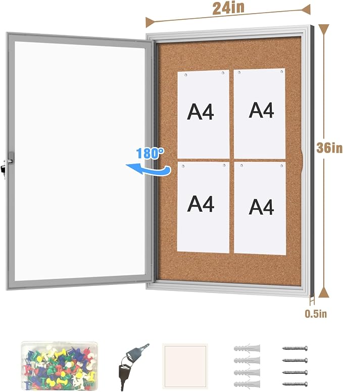 Mifuro 36"x24" Enclosed Bulletin Board, Outdoor Lockable Weather-Resistant Aluminum Cork Noticeboard for School & Office, Silver Frame w/Cork