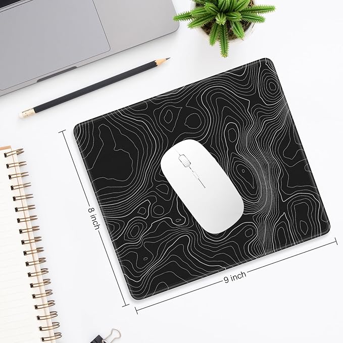 Mouse Pad, Minimalism Marble Style Computer Pad, Anti-Slip Rubber Mouse Mat with Stitched Edges for Gaming, Office, Laptop, PC, Women, 9" x 8" Thick 3 mm, Black Swirl