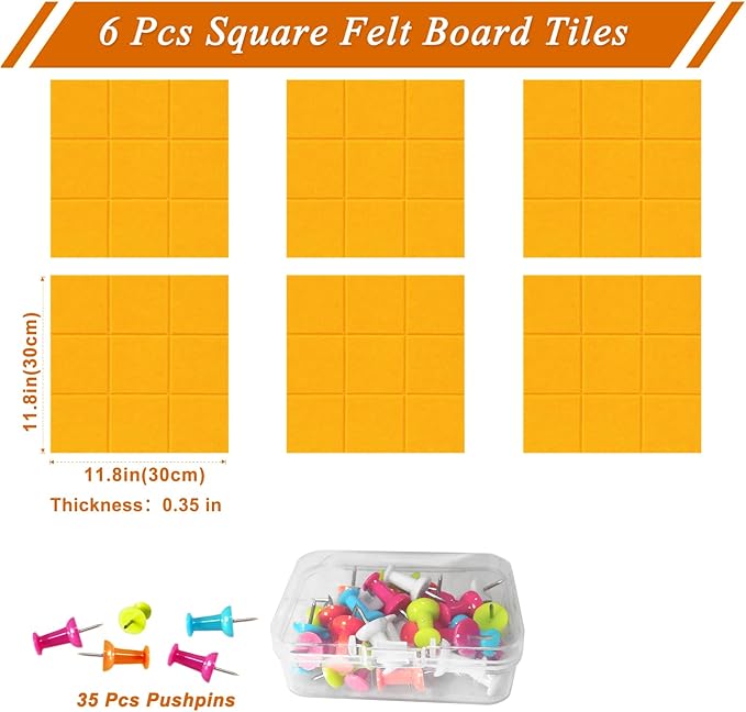 Large Square Felt Cork Board Tiles, Self Adhesive DIY Felt Bulletin Board with 35 Pushpins for Office School Home Wall Decor Stickers Memos (Orange)